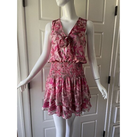 Ramy Brook New York Printed Maison Silk Dress Size XS Pink Mini Smocked Waist - Picture 1 of 12